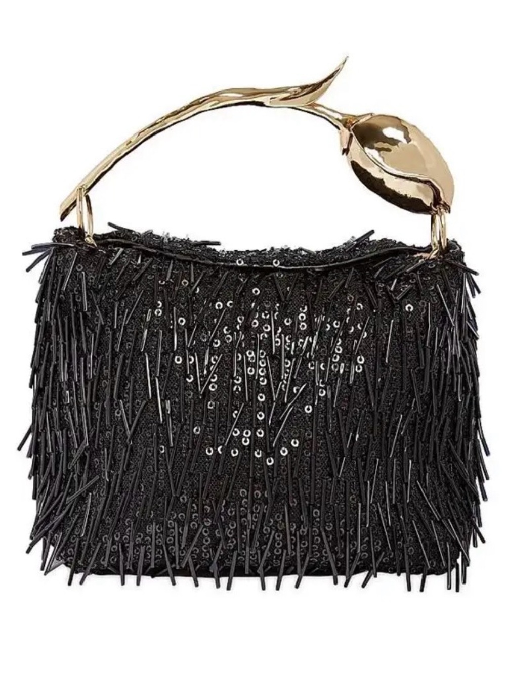 ERDEM Black Bloom Sequin Beaded Fringe Top-Handle Crossbody Bag with Gold Handle